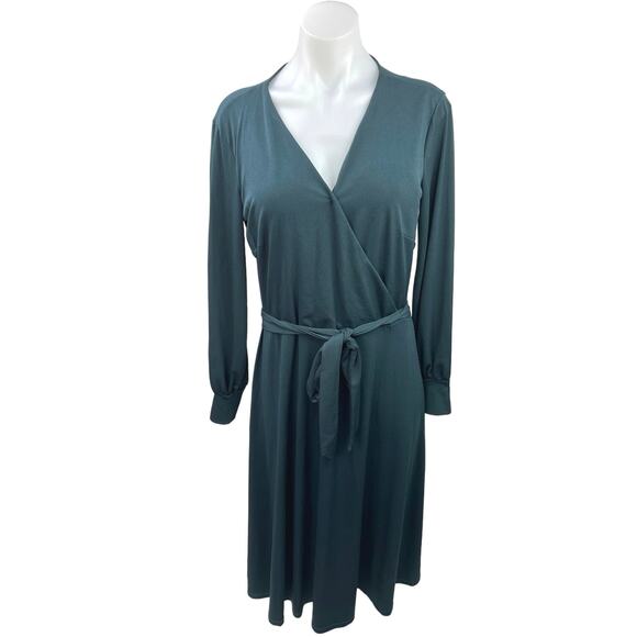 H&M Blue Soft Flowy Tie Waist Cocktail Long Sleeve V Neck Midi Wrap Dress Size M - Picture 1 of 4
